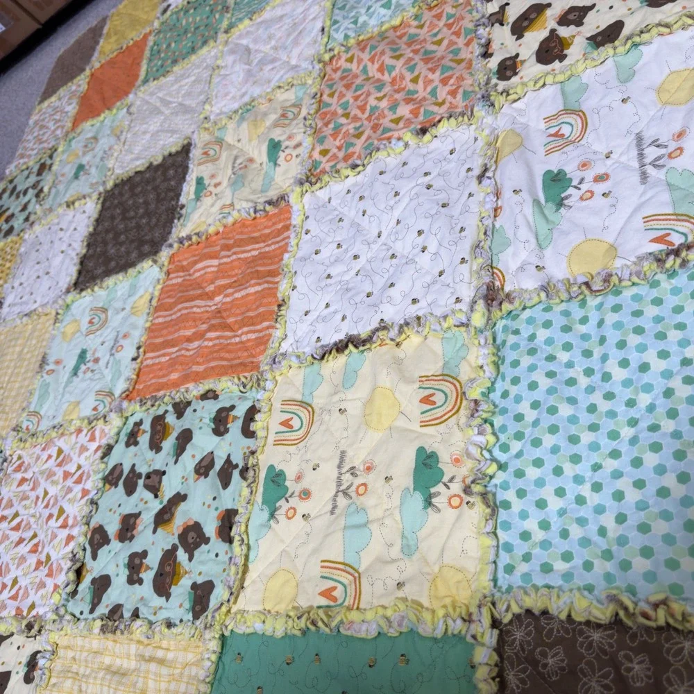 Handmade Women Cotton Rag Quilt 62x72 Multicolor Woodland Bear Patchwork Blanket